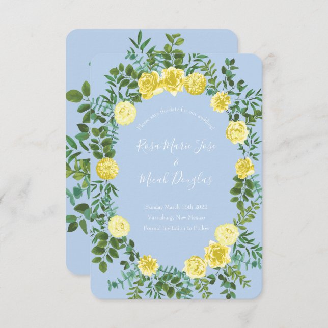 Light Yellow & Pale Blue Rose Wedding Save Date Invitation (Front/Back)