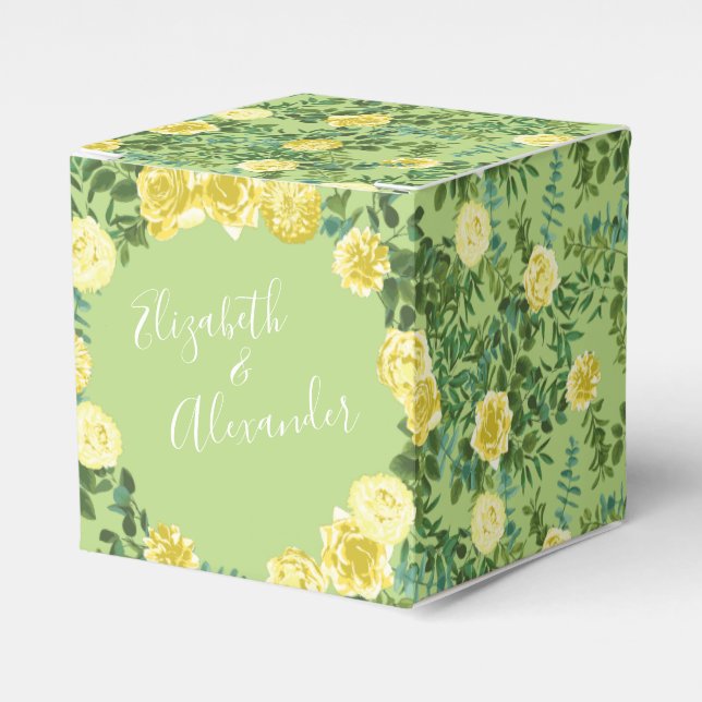 Light Yellow & Pale Green Rose Floral Wedding Favor Boxes (Front Side)