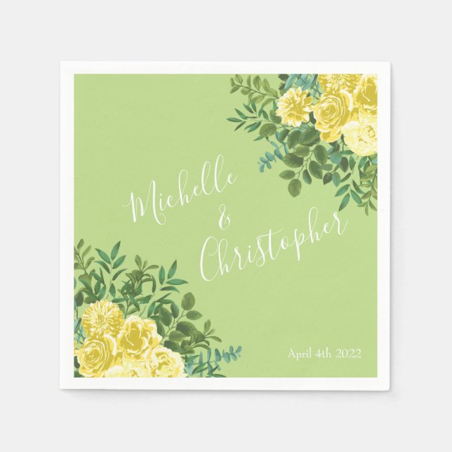 Light Yellow & Pale Green Rose Floral Wedding Napkins (Front)