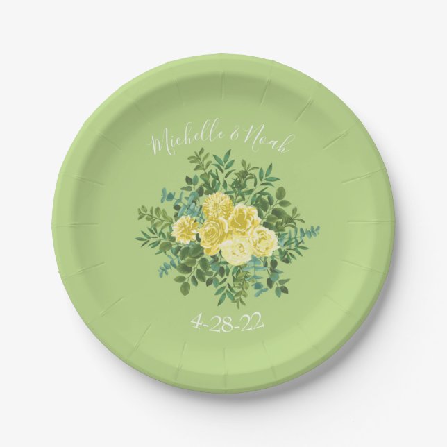Light Yellow & Pale Green Rose Floral Wedding Paper Plates (Front)