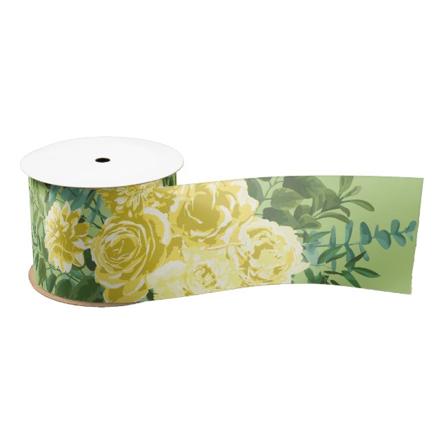 Light Yellow & Pale Green Rose Floral Wedding Satin Ribbon (Spool)