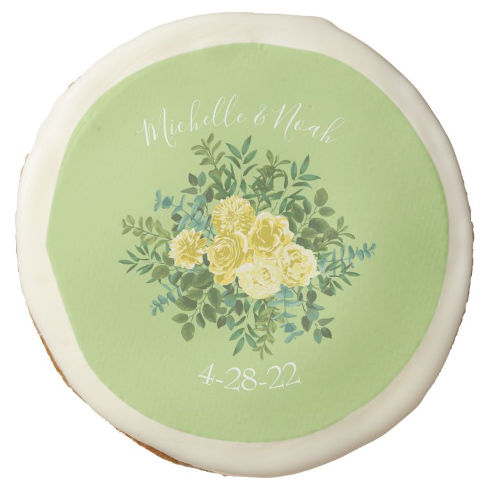 Light Yellow & Pale Green Rose Floral Wedding Sugar Cookie 