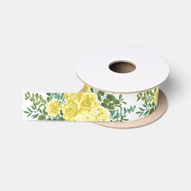 Light Yellow Pastel Peony & Rose Floral Wedding Satin Ribbon (Spool)