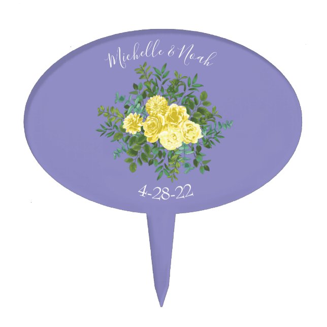 Light Yellow & Periwinkle Blue Rose Floral Wedding Cake Topper (Front)