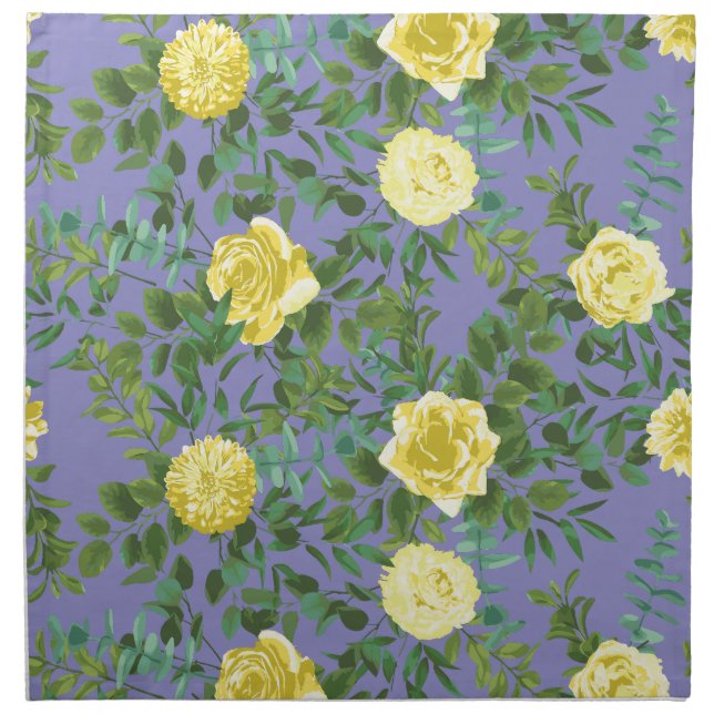 Light Yellow & Periwinkle Blue Rose Floral Wedding Cloth Napkin (Front)