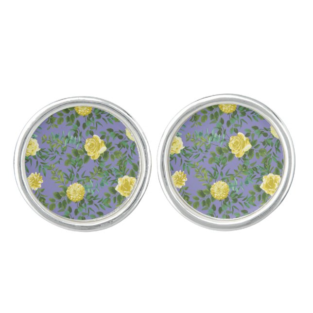 Light Yellow & Periwinkle Blue Rose Floral Wedding Cufflinks (Front)