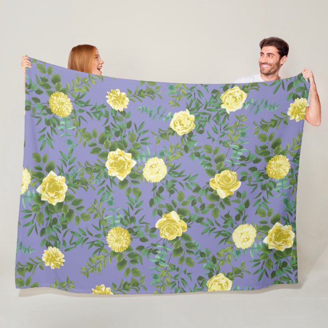 Light Yellow Periwinkle Blue Rose Floral Wedding Fleece Blanket (In Situ)