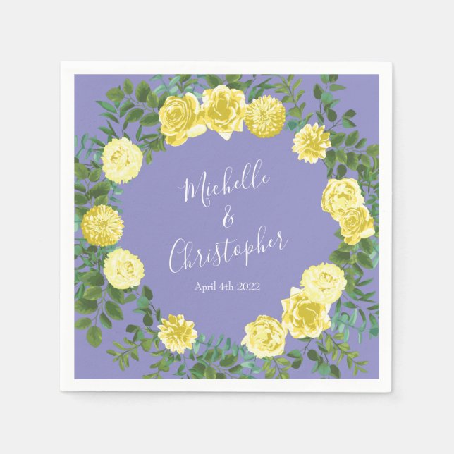 Light Yellow Periwinkle Blue Rose Floral Wedding Napkins (Front)