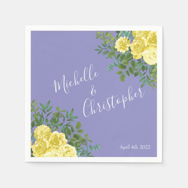 Light Yellow & Periwinkle Blue Rose Floral Wedding Napkins (Front)
