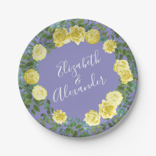 Light Yellow Periwinkle Blue Rose Floral Wedding Paper Plates