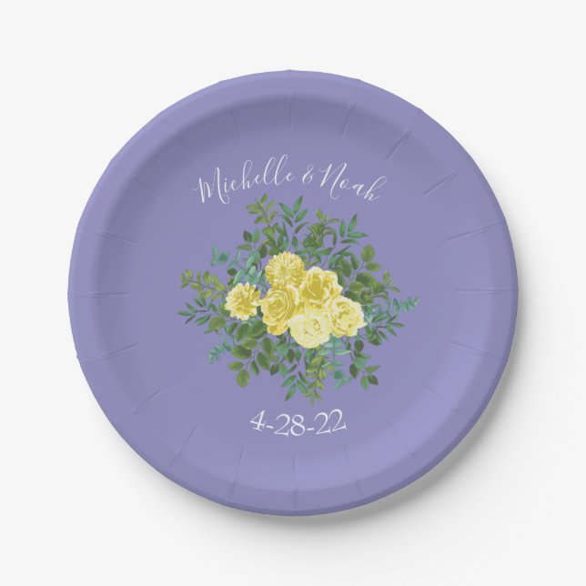 Light Yellow Periwinkle Blue Rose Floral Wedding Paper Plates (Front)