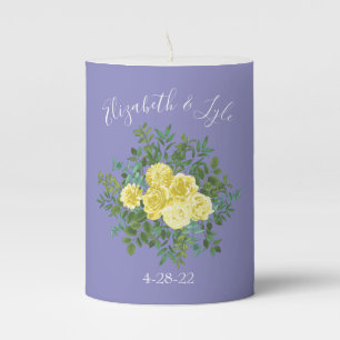 Light Yellow & Periwinkle Blue Rose Floral Wedding Pillar Candle