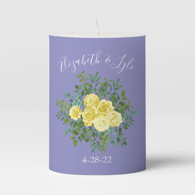 Light Yellow & Periwinkle Blue Rose Floral Wedding Pillar Candle (Front)