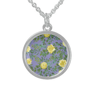 Light Yellow & Periwinkle Blue Rose Floral Wedding Sterling Silver Necklace