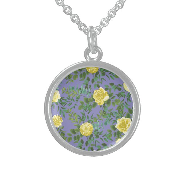 Light Yellow & Periwinkle Blue Rose Floral Wedding Sterling Silver Necklace (Front)