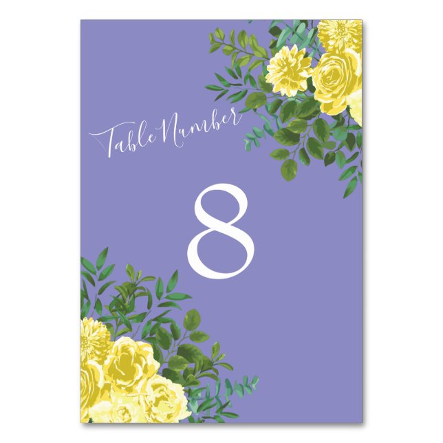 Light Yellow & Periwinkle Blue Rose Floral Wedding Table Number (Back)