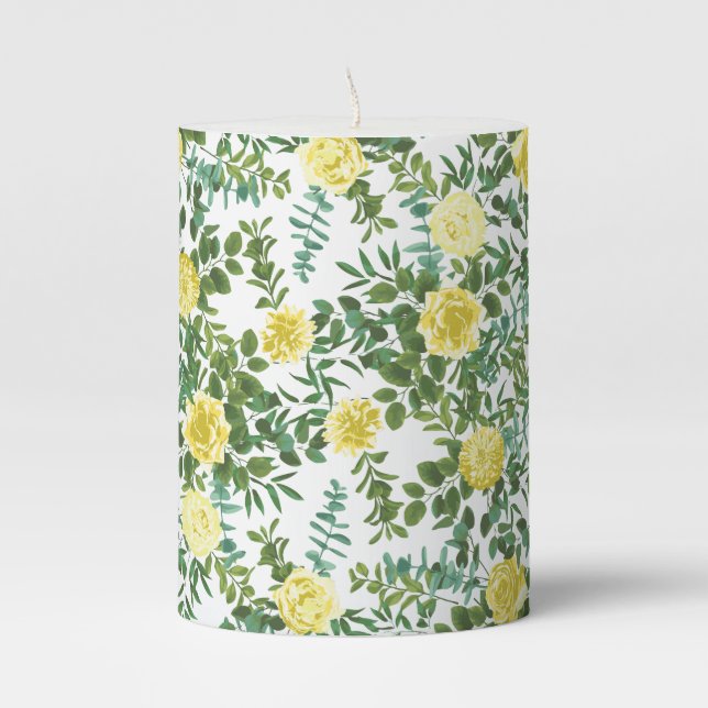 Light Yellow Rose Vintage Spring Wedding Pillar Candle (Front)