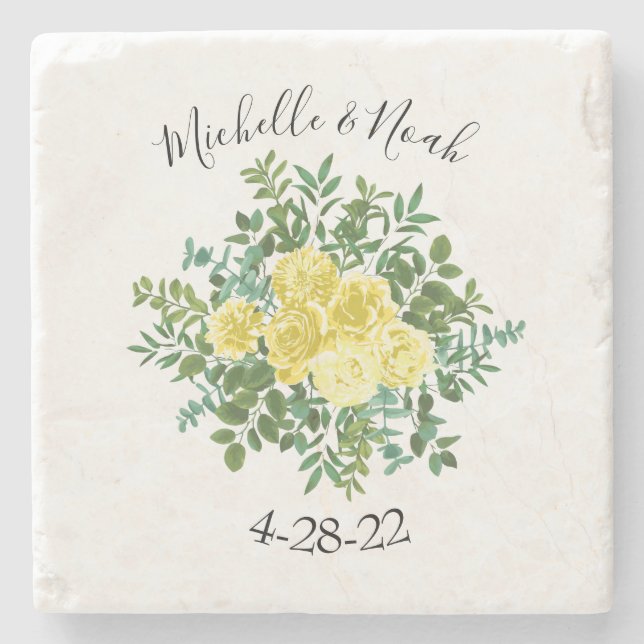 Light Yellow Rose Vintage Spring Wedding Stone Coaster (Front)