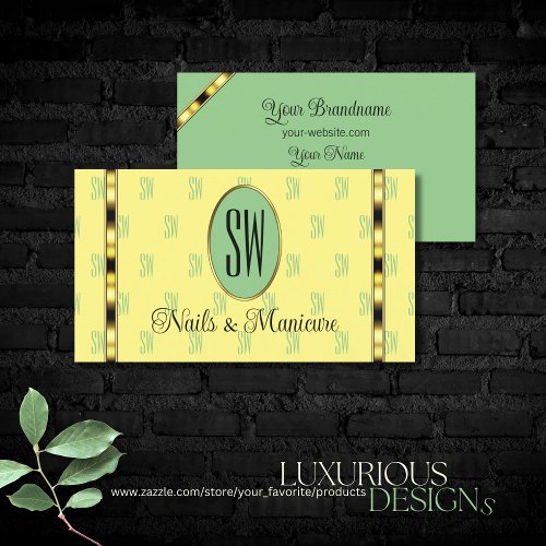 Light Yellow Sage Green with Patterned Monogram Business Card