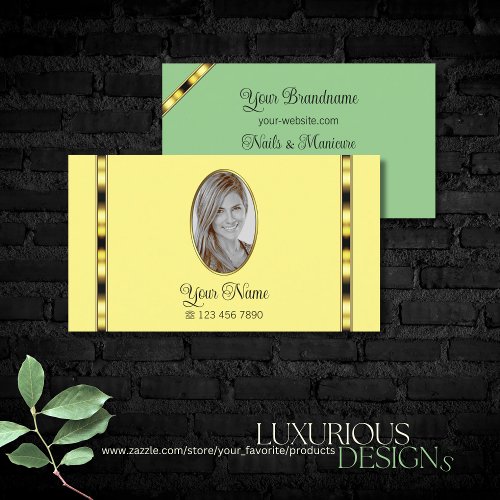 Light Yellow Sage Green with Photo Golden Stripes Business Card