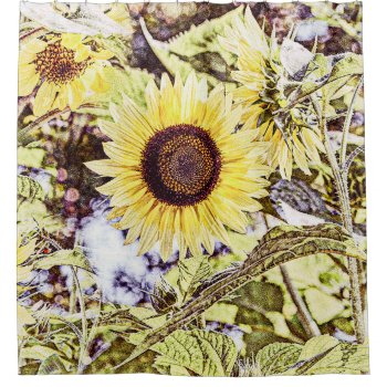 Light Yellow Sunflower And Leaves Semi Graphic Shower Curtain by artbyjocelyn at Zazzle