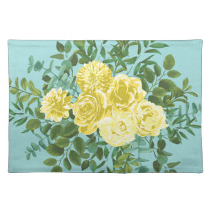 Light Yellow Teal Aqua Rose Floral Wedding Cloth Placemat