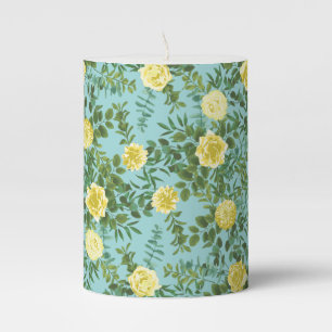 Light Yellow & Teal Aqua Rose Floral Wedding Pillar Candle
