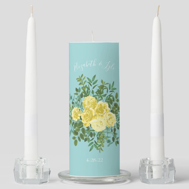 Light Yellow & Teal Aqua Rose Floral Wedding Unity Candle Set (Front)