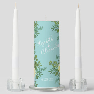 Light Yellow & Teal Aqua Rose Floral Wedding Unity Candle Set