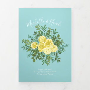 Light Yellow & Teal Aqua Rose Wedding Programs