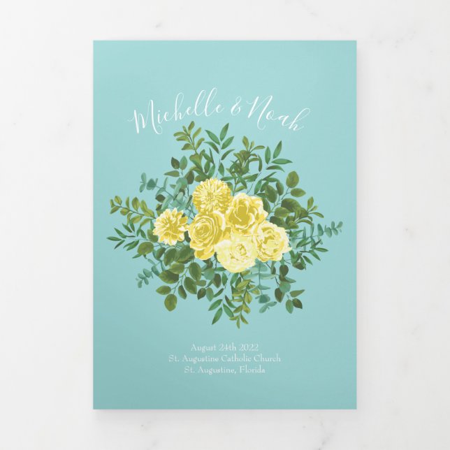 Light Yellow & Teal Aqua Rose Wedding Programs (Cover)