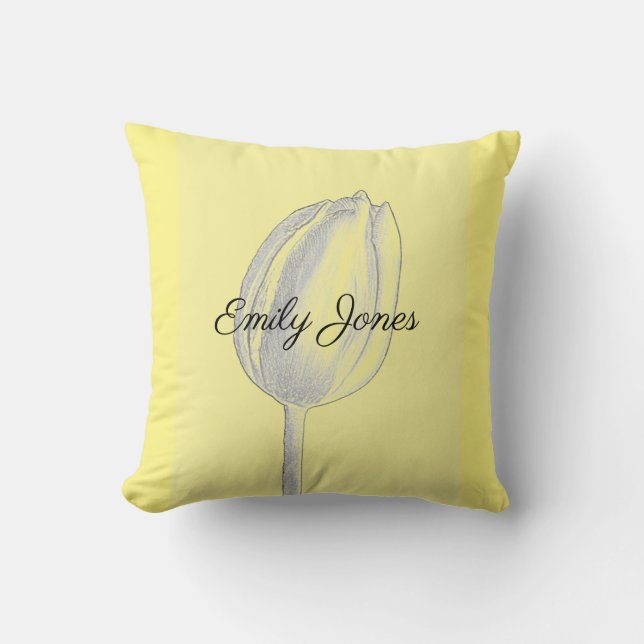 Light Yellow Tulip Floral Pattern Grey Custom Name Throw Pillow (Front)