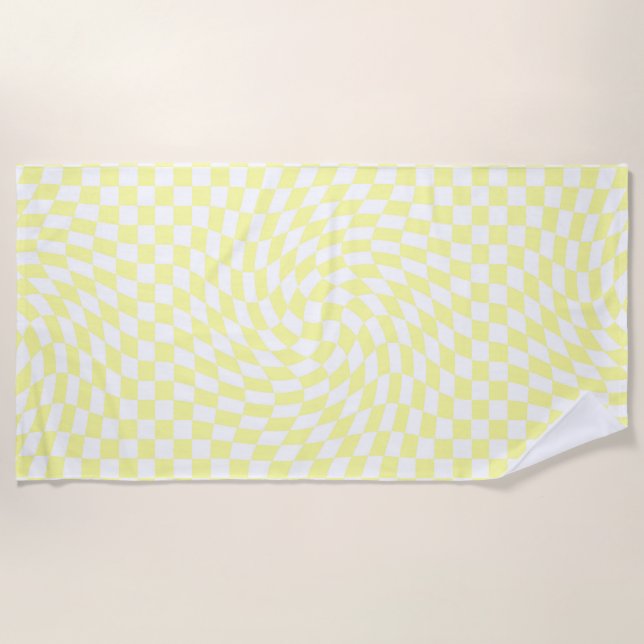 Light Yellow & White Checks Checkered Pattern Beach Towel (Front)