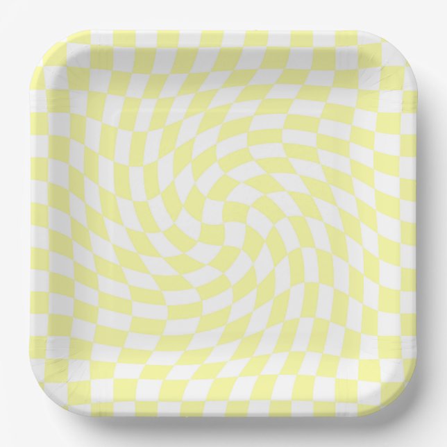 Light Yellow & White Checks Checkered Pattern Paper Plates (Front)