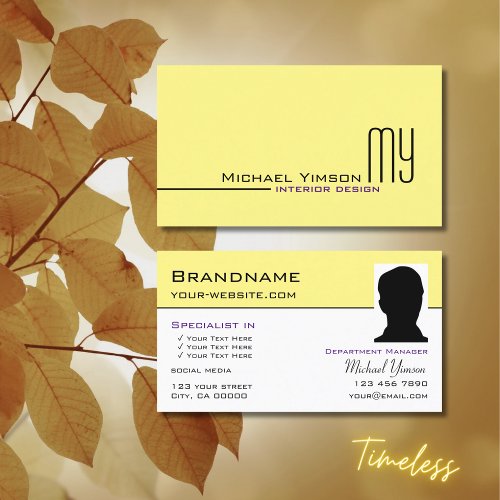 Light Yellow White Simple with Monogram and Photo Business Card