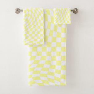 Light Yellow & White Warped Checkered Pattern Bath Towel Set