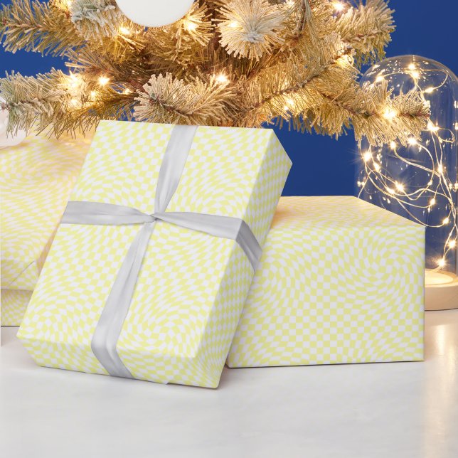 Light Yellow & White Warped Checkered Pattern  Wrapping Paper (Holidays)