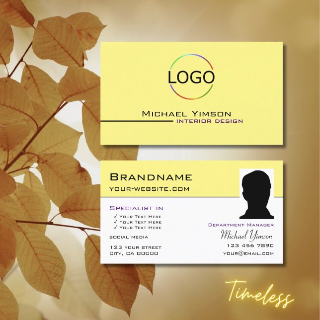 Light Yellow White with Logo & Photo Professional Business Card (Creator Uploaded)