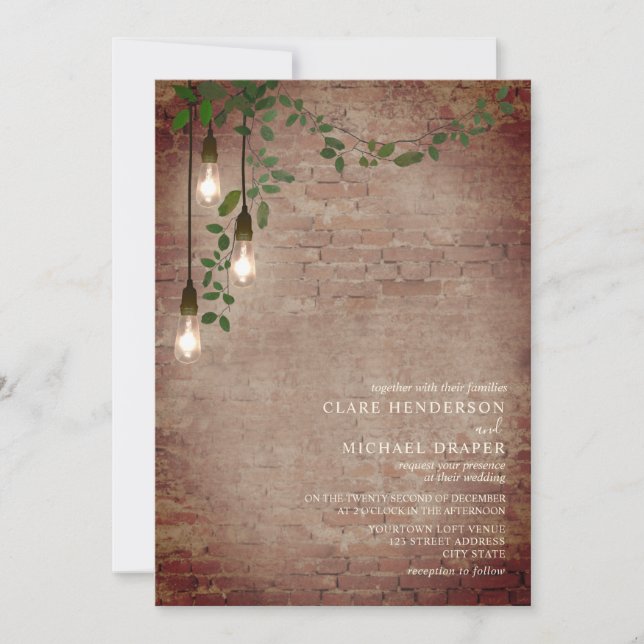 Lightbulb Greenery Garland Brick Wedding Invitation (Front)