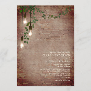 Lightbulb Greenery Garland Brick Wedding Invitation