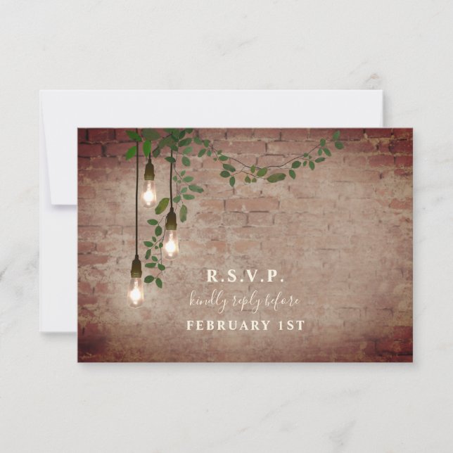 Lightbulb Greenery Garland Brick Wedding RSVP Card (Front)