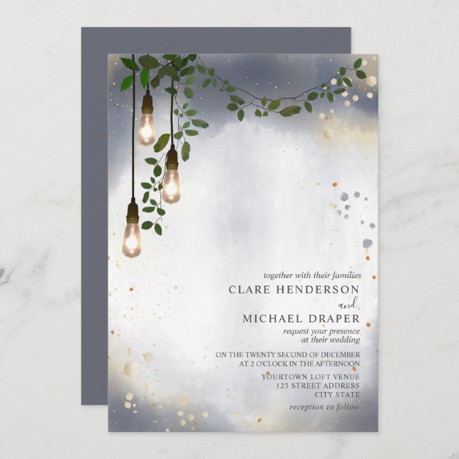 Lightbulb Greenery Garland Watercolor Wedding Invitation (Front/Back)
