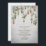 Lightbulbs White Brick Christmas Winter Wedding  Invitation<br><div class="desc">Vintage Edison lights with botanical greenery of holly and evergreen hanging from top over white brick background.</div>