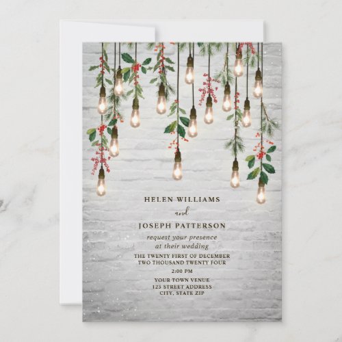 Lightbulbs White Brick Christmas Winter Wedding  Invitation