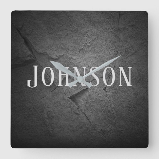 lighted black slate stone with name square wall clock (Front)
