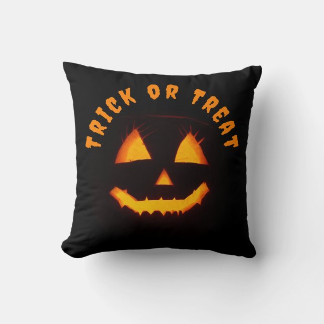 Lighted Jack O Lantern Trick or Treat Throw Pillow (Front)