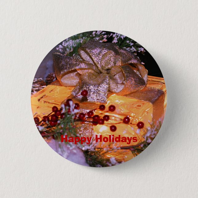 Lighted Present Christmas Holiday Button Pin (Front)