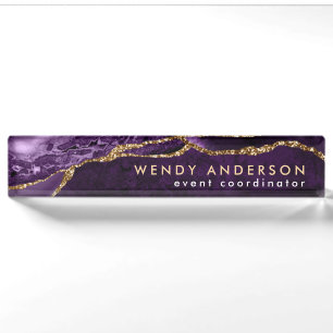 Lighter Watercolor Purple Gold Glitter Agate Desk Name Plate
