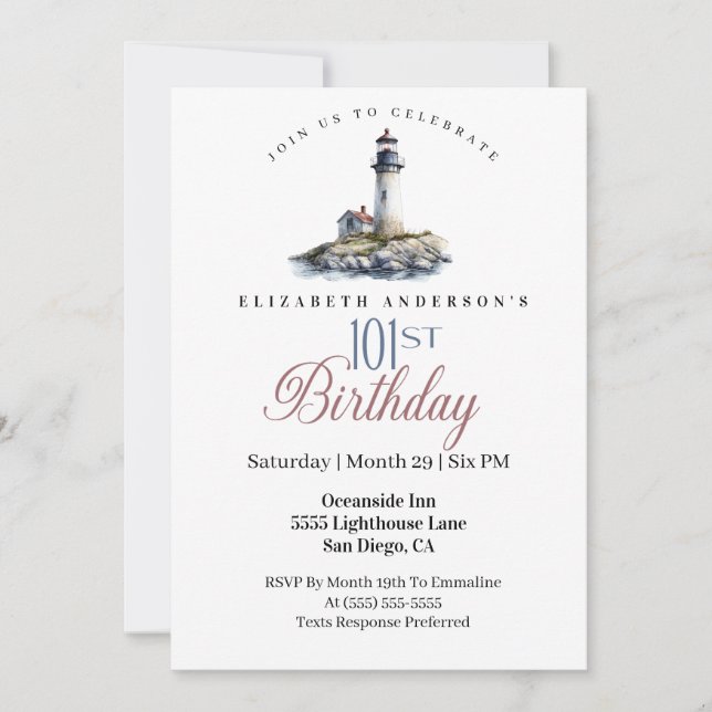 Lighthouse 101st Birthday Invitation (Front)