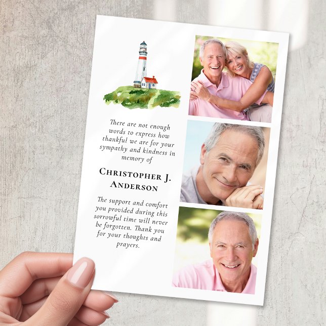 Lighthouse 3 Photo Sympathy Funeral Thank You Card (Creator Uploaded)